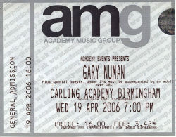 Gary Numan Birmingham Ticket 2006